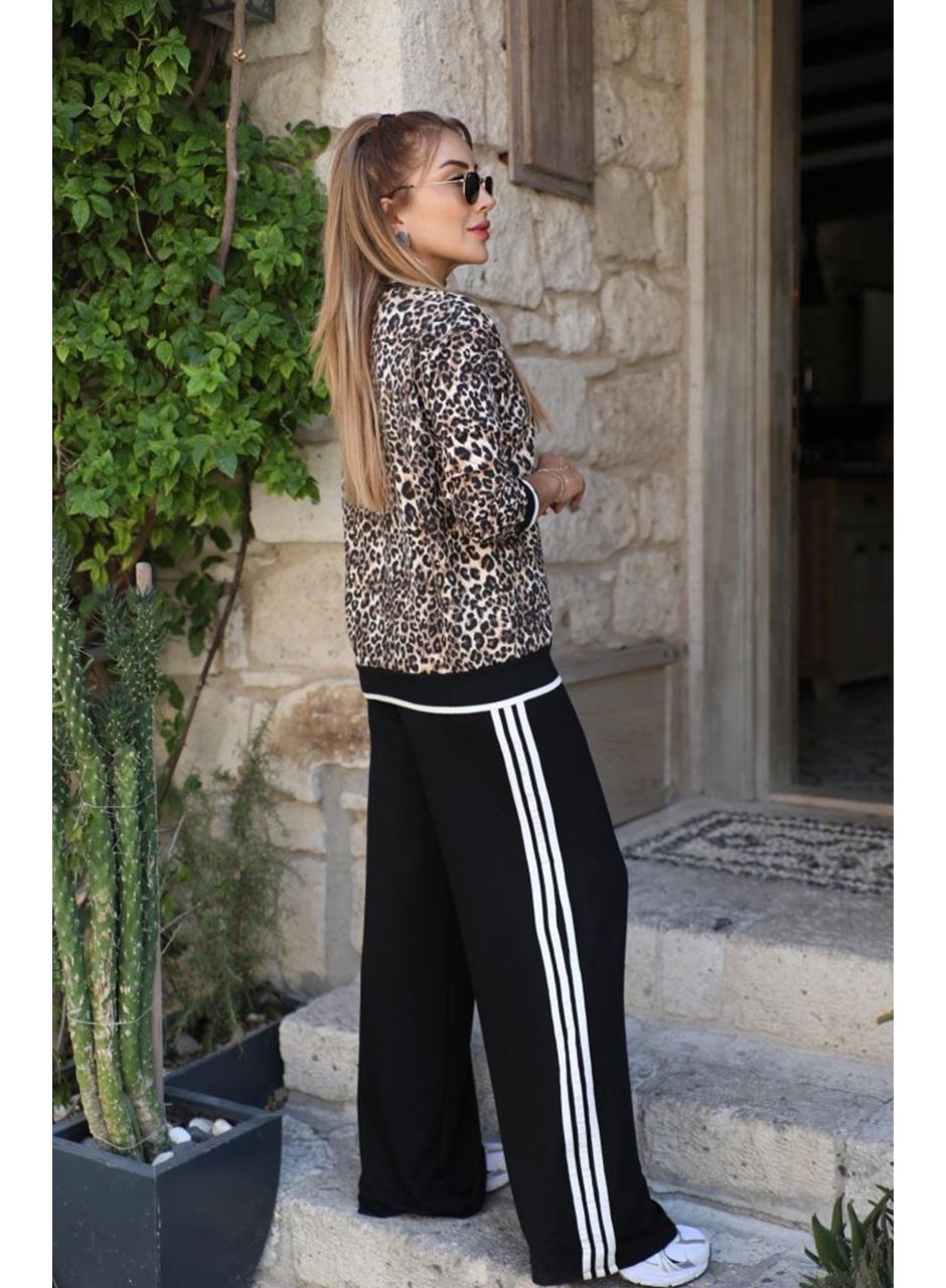 Kadın Uzun Kollu Bisiklet Yaka Leopar Desenli Iki Iplik Bluz Ve Viskon Iki Iplik Pantolon Ikili Takım