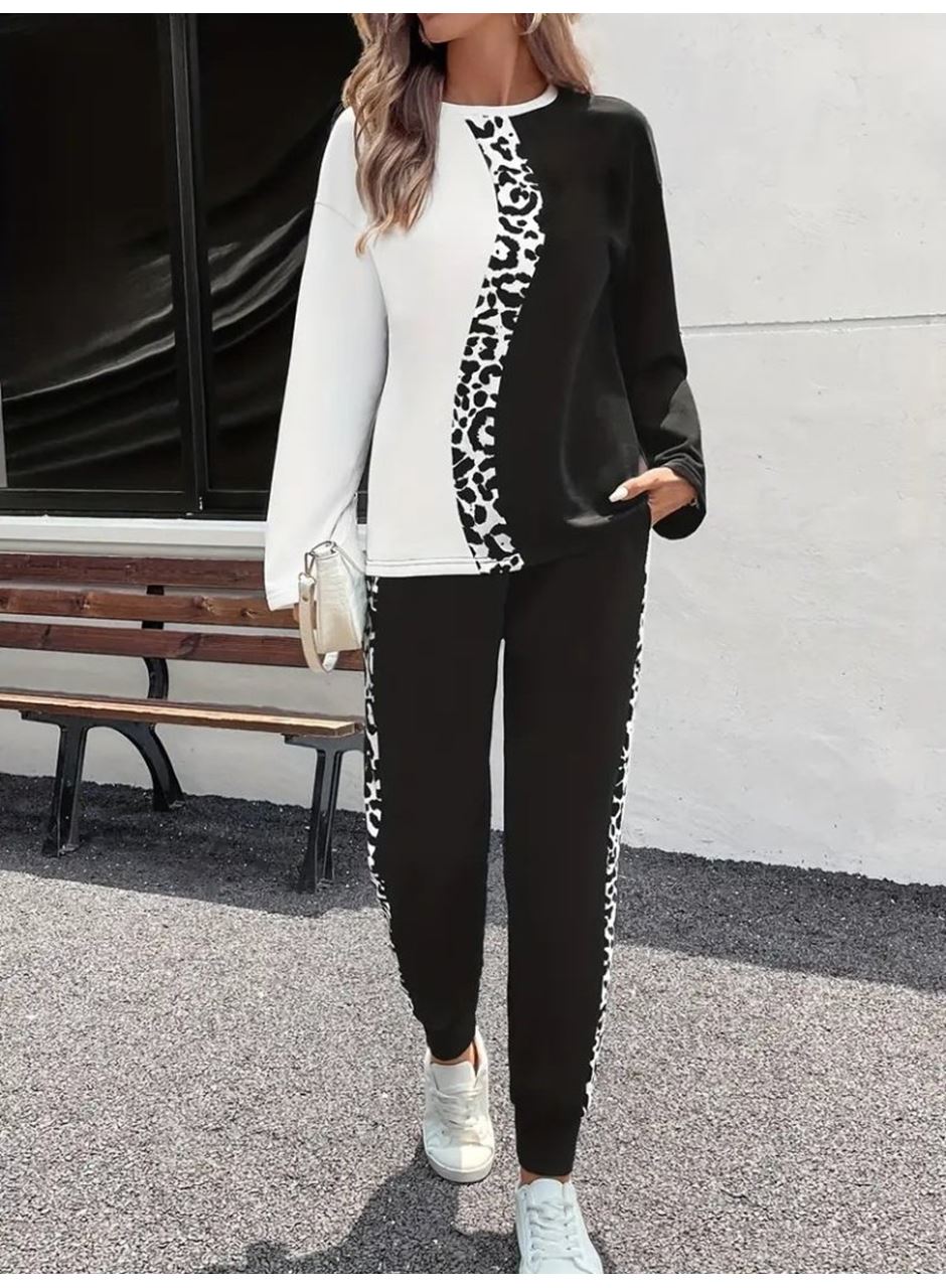 Kadın Uzun Kollu Bisiklet Yaka çift Renkli Viskon Iki Iplik Bluz Ve Pantolon Ikili Takım