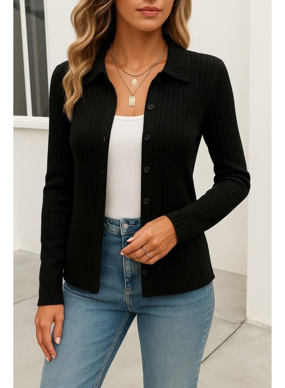 Kadın Uzun Kollu Yakalı önden Düğmeli Triko Ceket