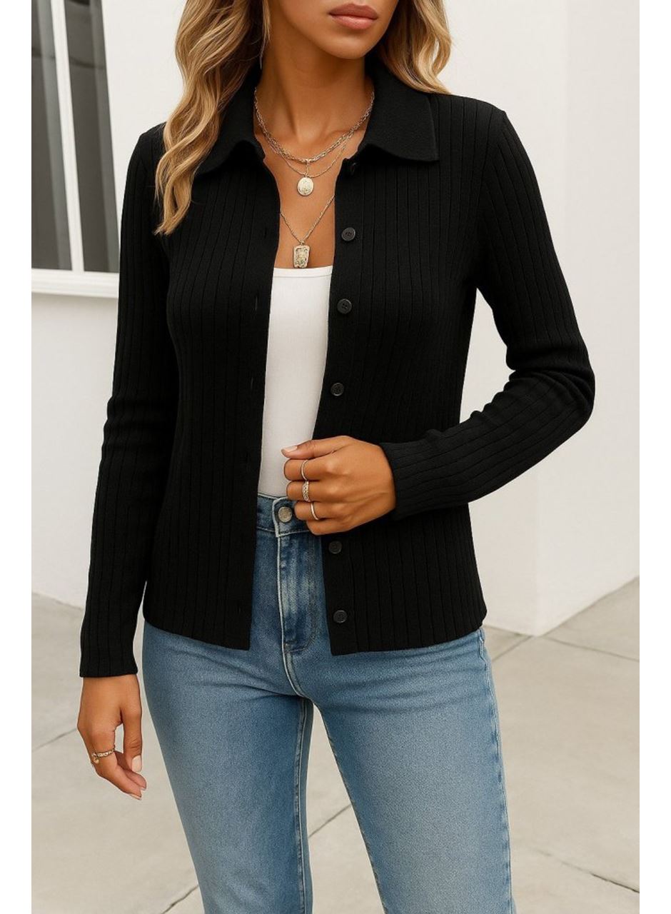 Kadın Uzun Kollu Yakalı önden Düğmeli Triko Ceket