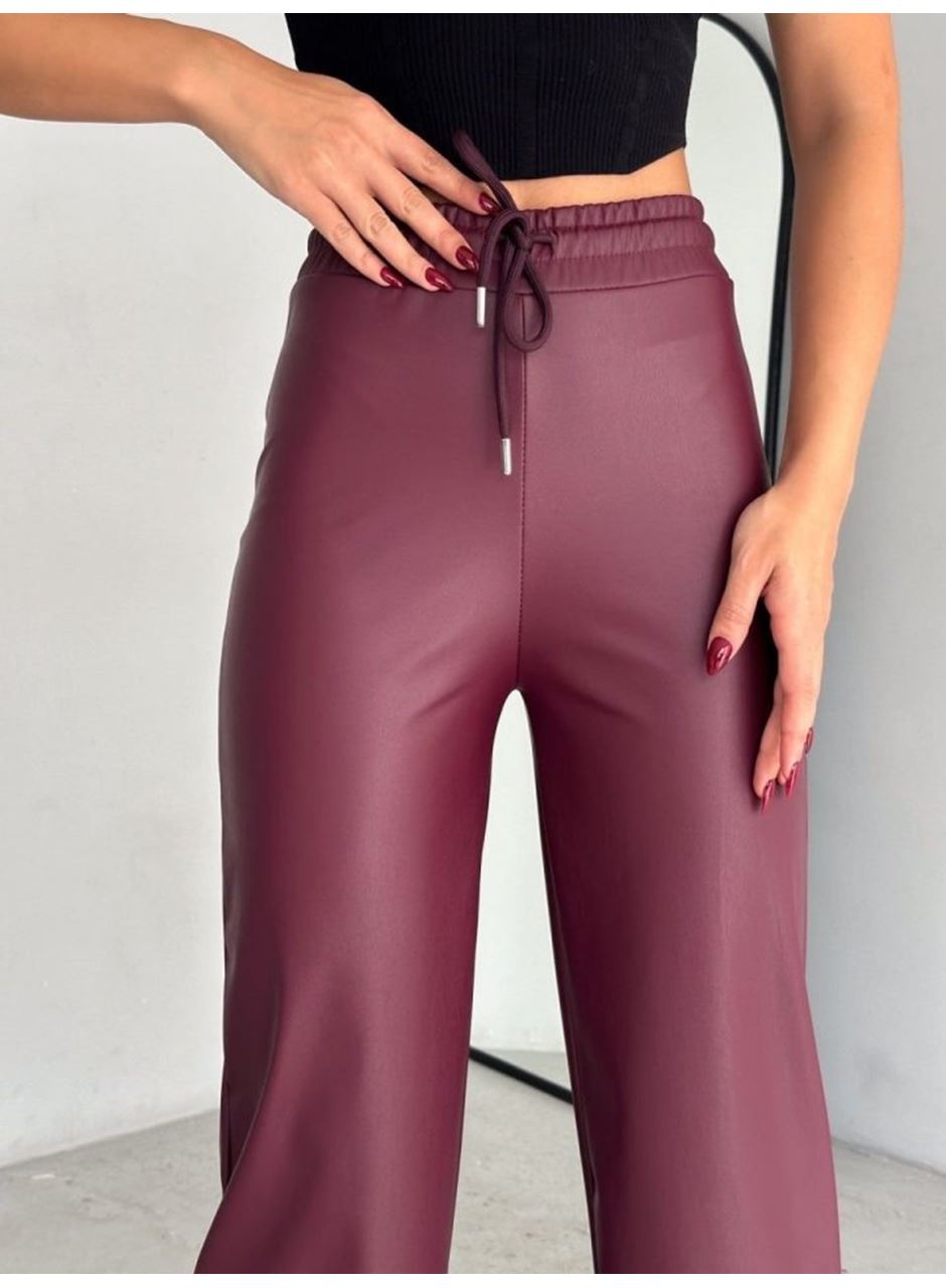 Yüksek Bel Geniş Paça Içi şardonlu Deri Pantolon.