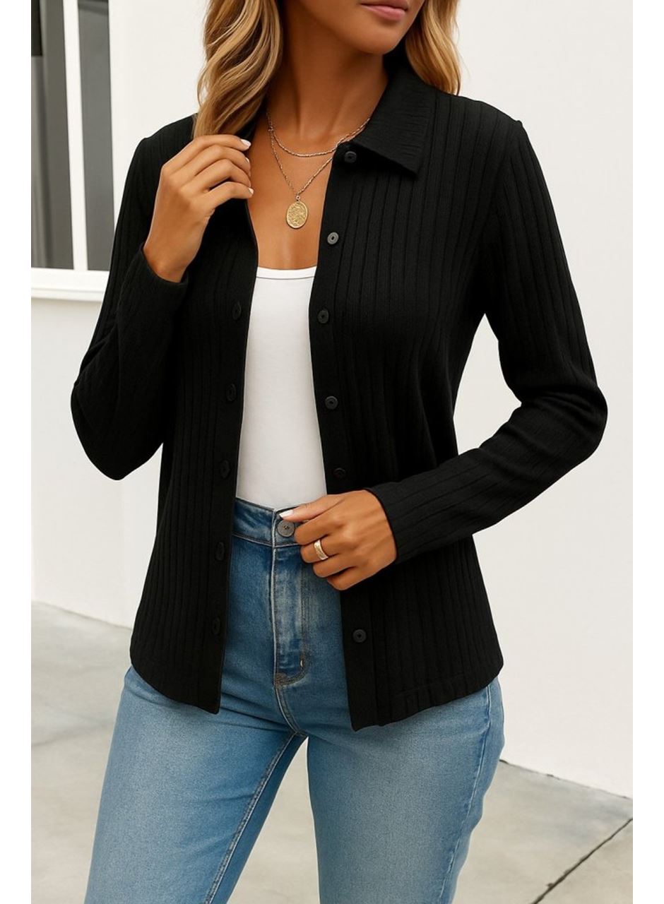 Kadın Uzun Kollu Yakalı önden Düğmeli Triko Ceket