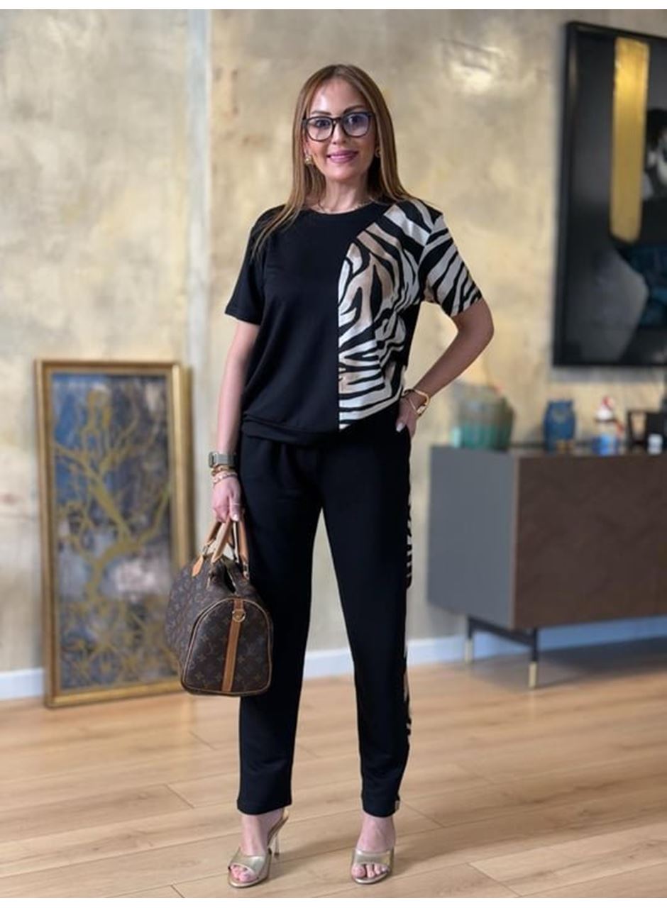 Kadın Bisiklet Yaka Kısa Kol Leopar Desen Bluz Ve Pantolon Ikili Takım