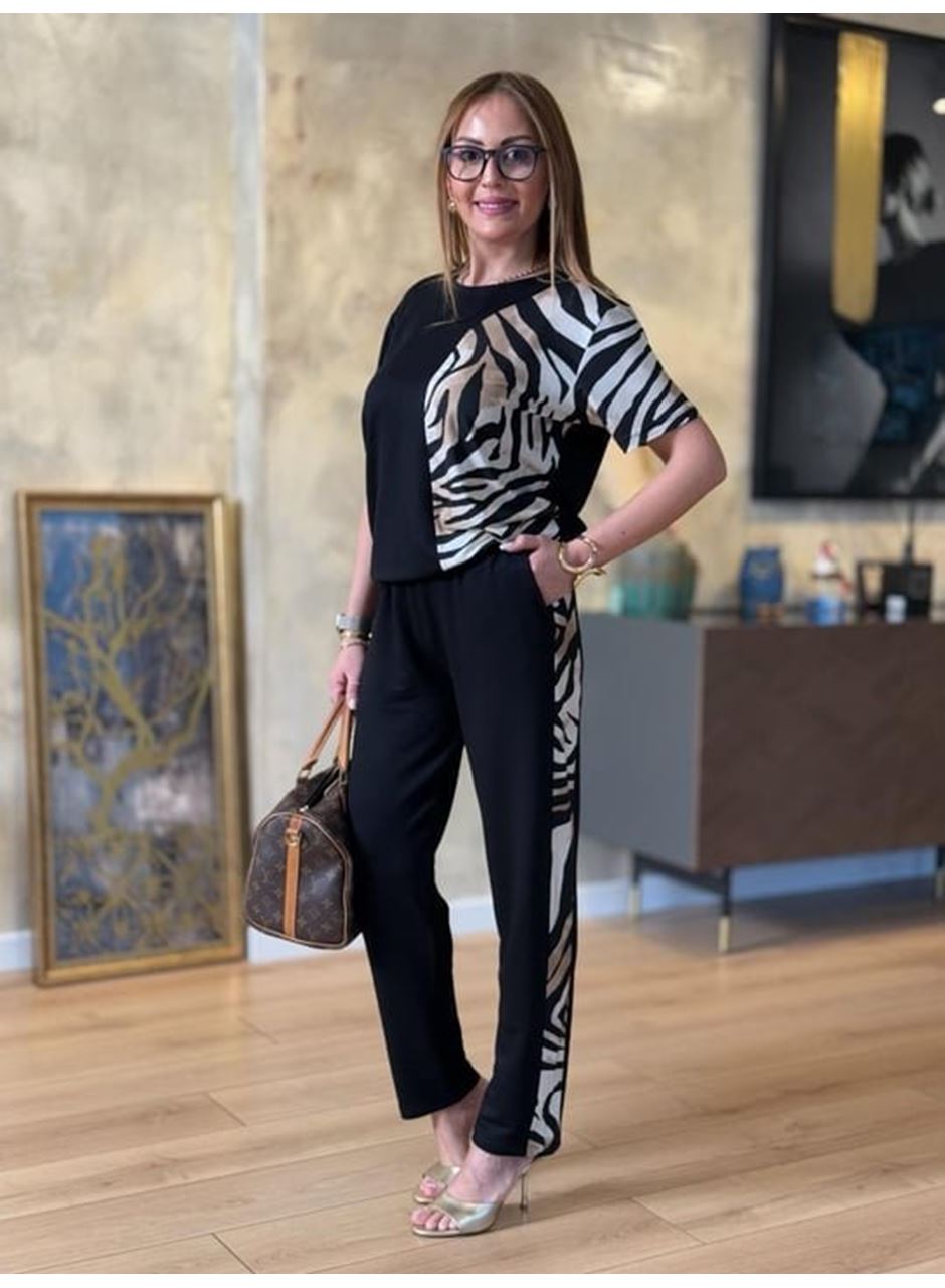 Kadın Bisiklet Yaka Kısa Kol Leopar Desen Bluz Ve Pantolon Ikili Takım