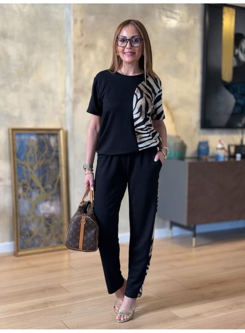 Kadın Bisiklet Yaka Kısa Kol Leopar Desen Bluz Ve Pantolon Ikili Takım