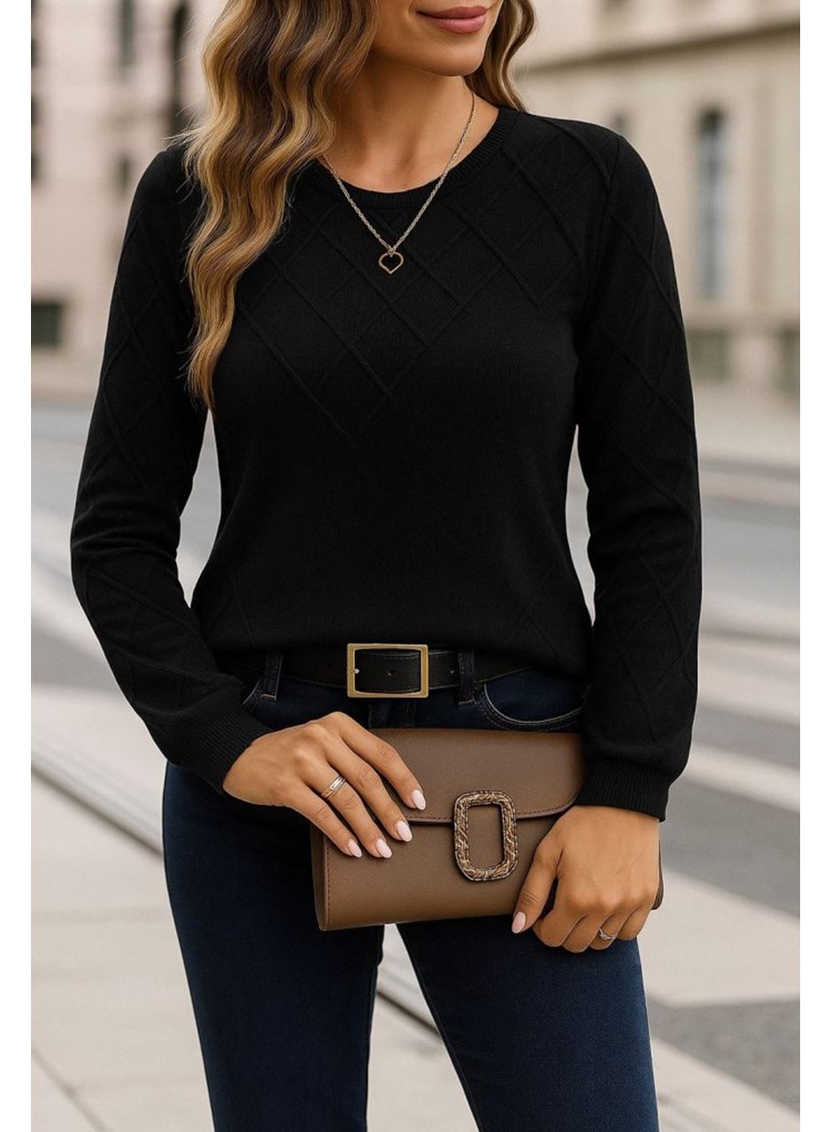 Kadın Uzun Kollu Bisiklet Yaka Geometrik Desenli Triko Bluz