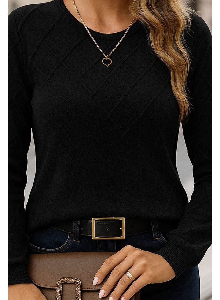 Kadın Uzun Kollu Bisiklet Yaka Geometrik Desenli Triko Bluz