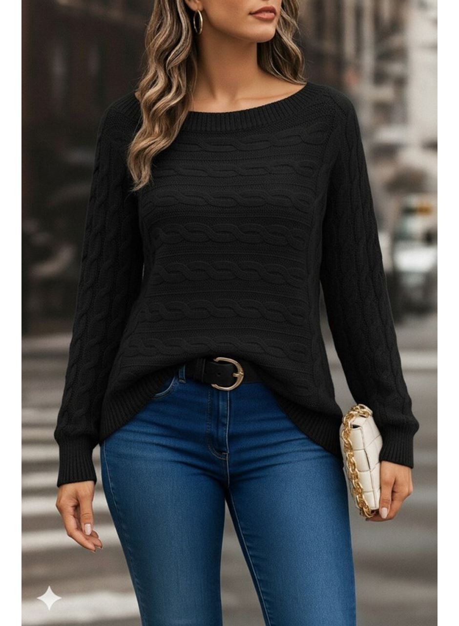 Kadın Uzun Kollu Bisiklet Yaka Geometrik Desenli Triko Bluz