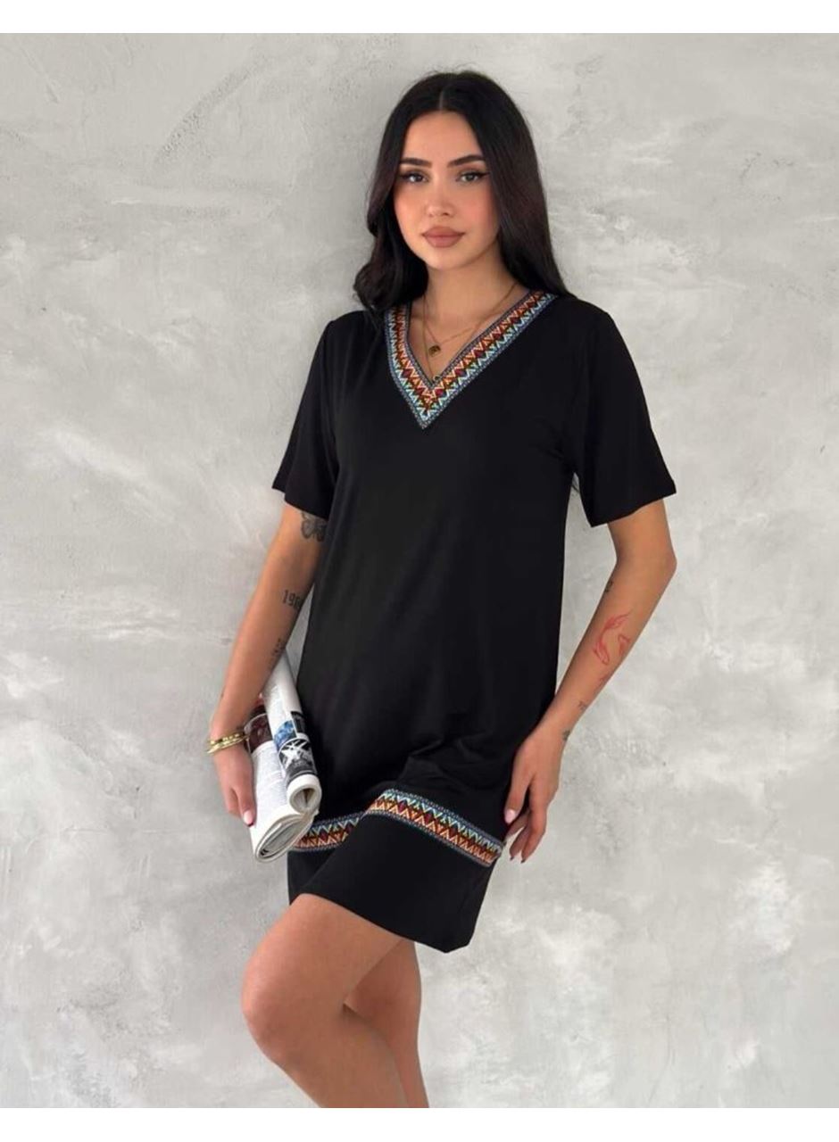 Kadın Kısa Kollu V Yakalı Etnik Desen şerit Detaylı Viskon Elbise