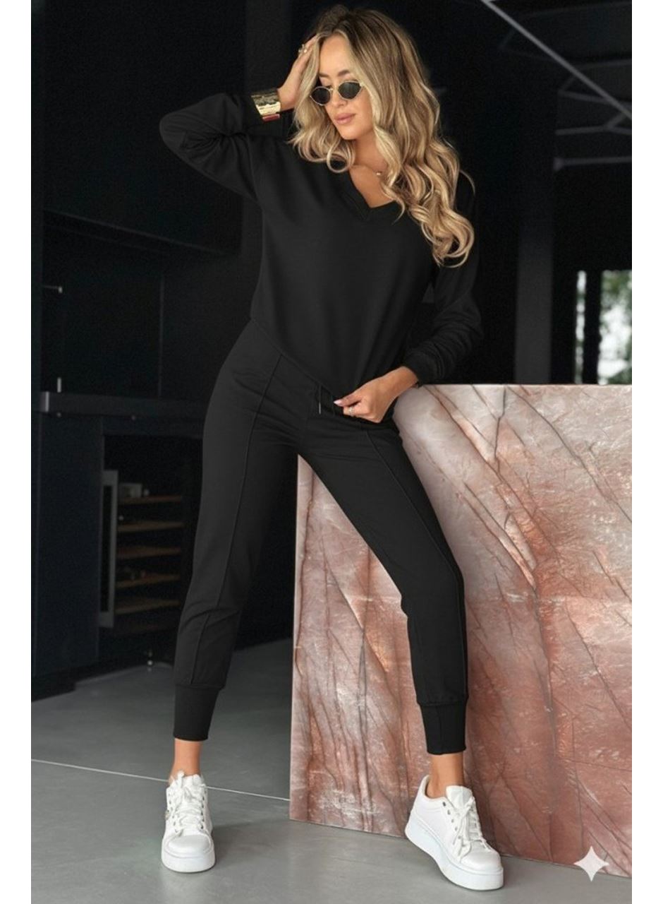 Kadın Uzun Kollu V Yakalı Viskon Iki Iplik Bluz Ve Pantolon Ikili Takım