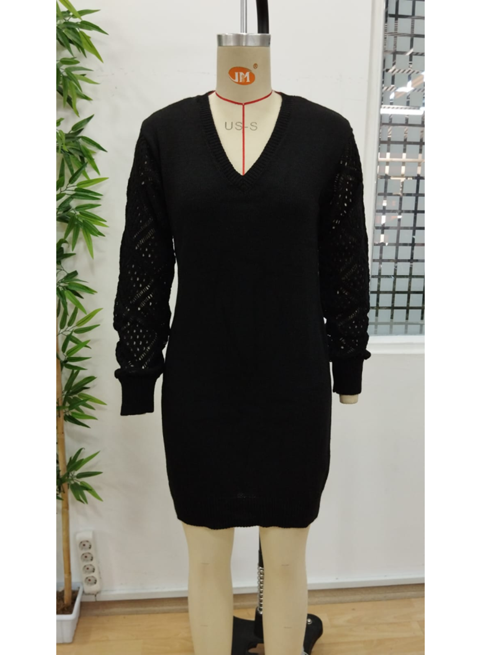 Kadın Uzun Kollu V Yakalı Mini Triko Elbise