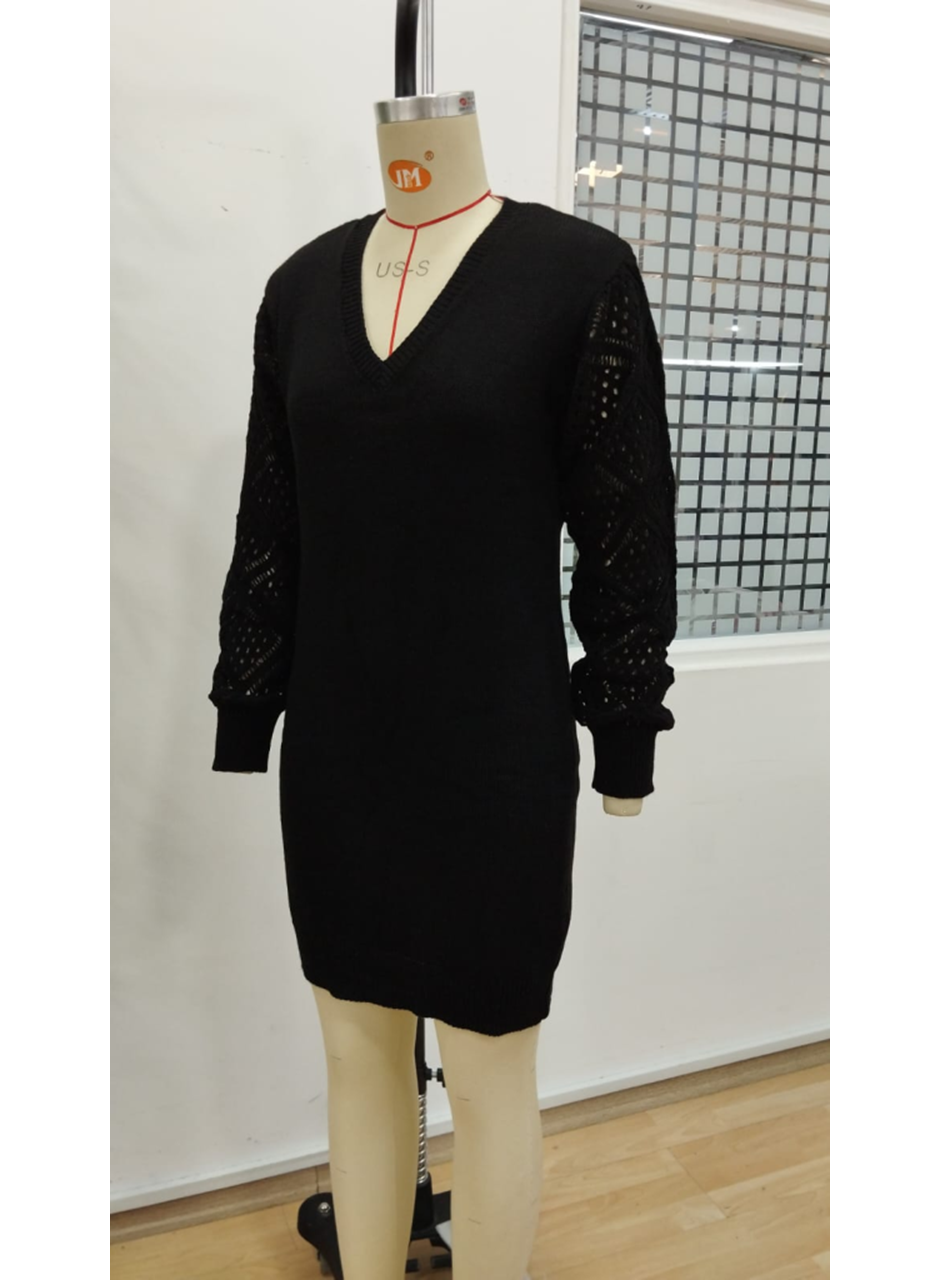 Kadın Uzun Kollu V Yakalı Mini Triko Elbise