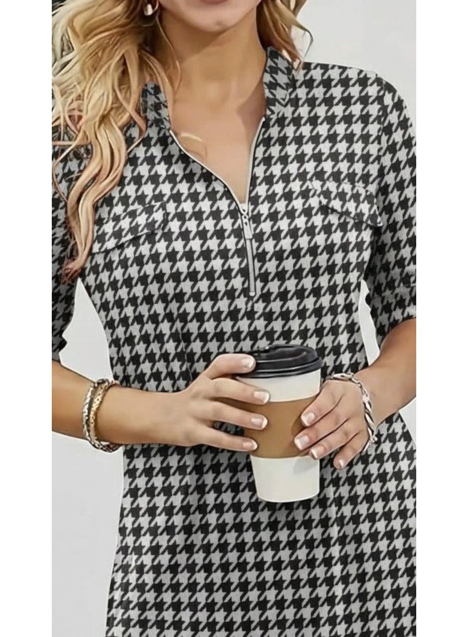 Kadın Uzun Kollu Hakim Yaka Yakadan Fermuarlı Geometrik Desenli Süprem Bluz