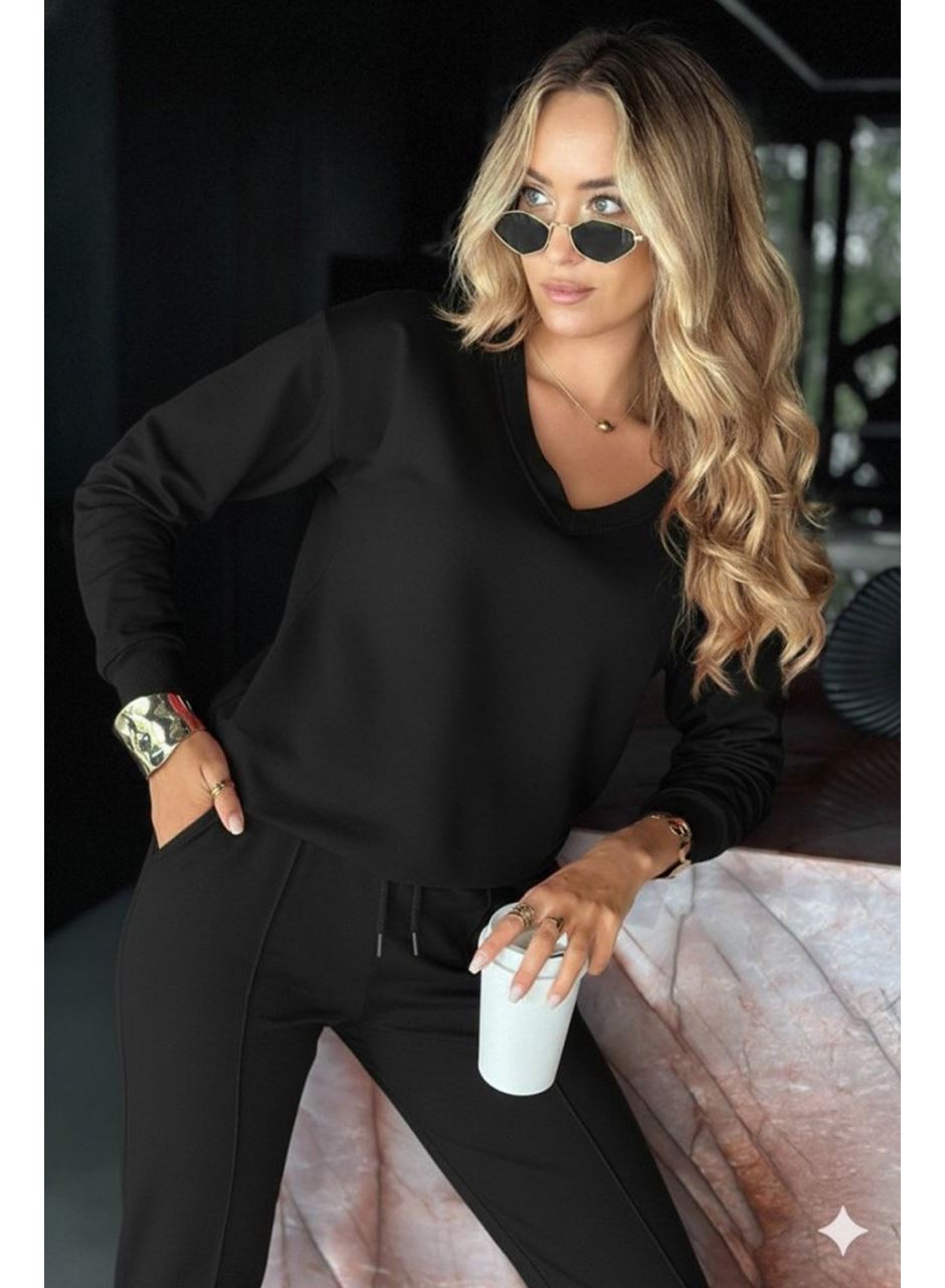 Kadın Uzun Kollu V Yakalı Viskon Iki Iplik Bluz Ve Pantolon Ikili Takım