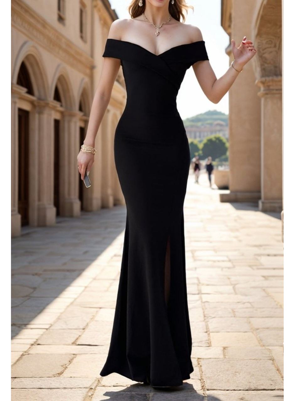 Kadın Dalgıç Kumaş Kayık Yaka Ve Dekolte Detaylı Elbise