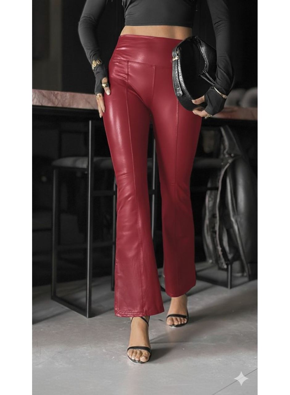 Kadın Yüksek Bel Paçaya Doğru Geniş Deri Pantolon