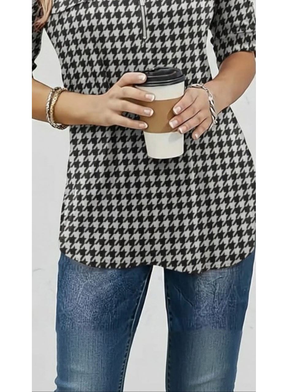 Kadın Uzun Kollu Hakim Yaka Yakadan Fermuarlı Geometrik Desenli Süprem Bluz