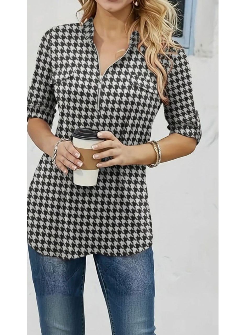 Kadın Uzun Kollu Hakim Yaka Yakadan Fermuarlı Geometrik Desenli Süprem Bluz