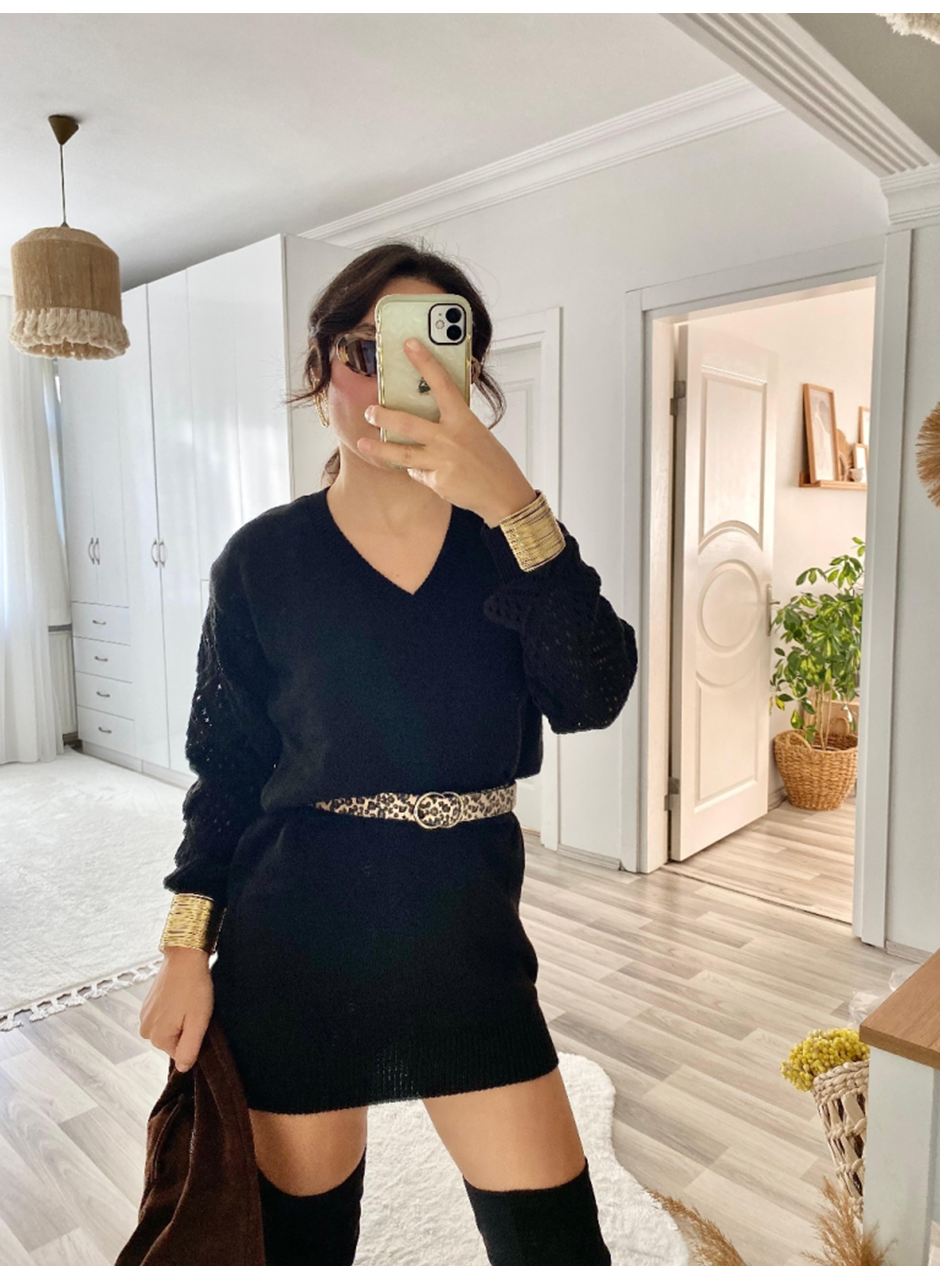 Kadın Uzun Kollu V Yakalı Mini Triko Elbise