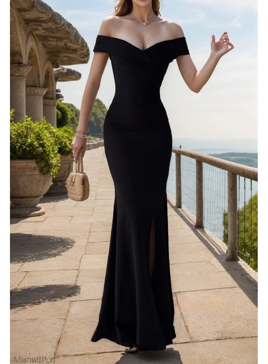 Kadın Dalgıç Kumaş Kayık Yaka Ve Dekolte Detaylı Elbise