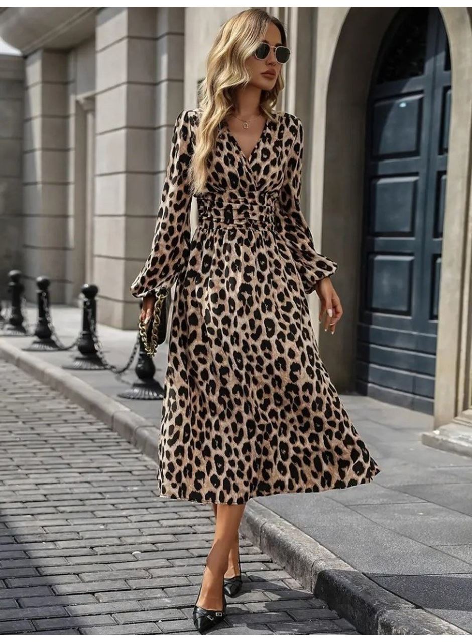 Kadın Uzun Kollu Kruvaze Yaka Belden Oturtmalı Midi Modal Leopar Desenli Elbise