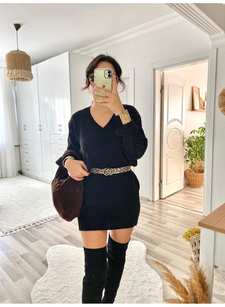 Kadın Uzun Kollu V Yakalı Mini Triko Elbise