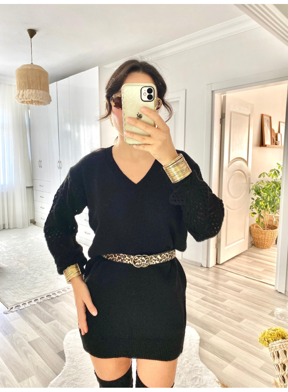 Kadın Uzun Kollu V Yakalı Mini Triko Elbise