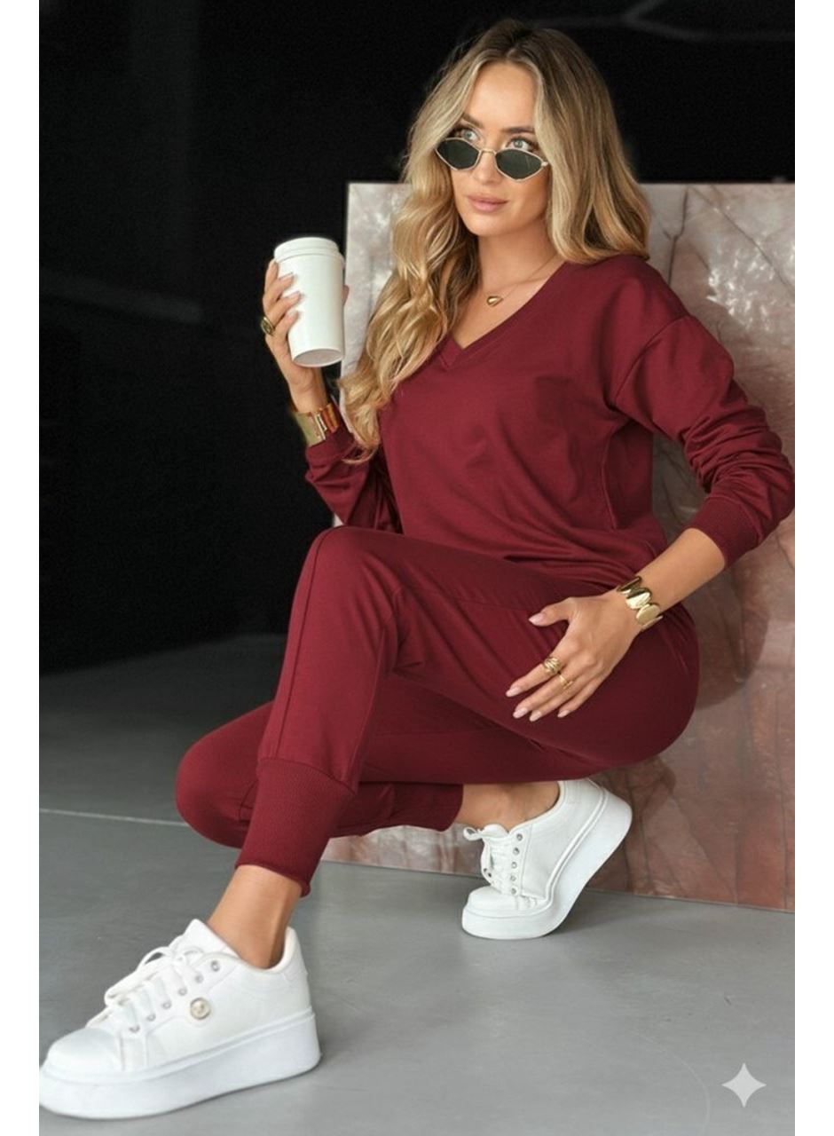 Kadın Uzun Kollu V Yakalı Viskon Iki Iplik Bluz Ve Pantolon Ikili Takım