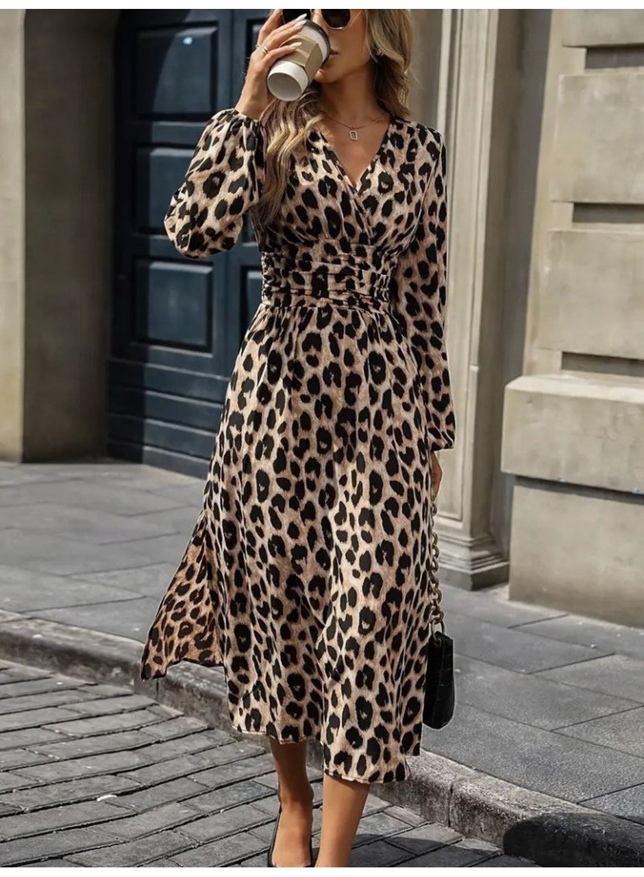 Kadın Uzun Kollu Kruvaze Yaka Belden Oturtmalı Midi Modal Leopar Desenli Elbise