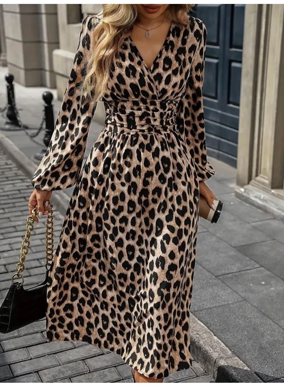 Kadın Uzun Kollu Kruvaze Yaka Belden Oturtmalı Midi Modal Leopar Desenli Elbise
