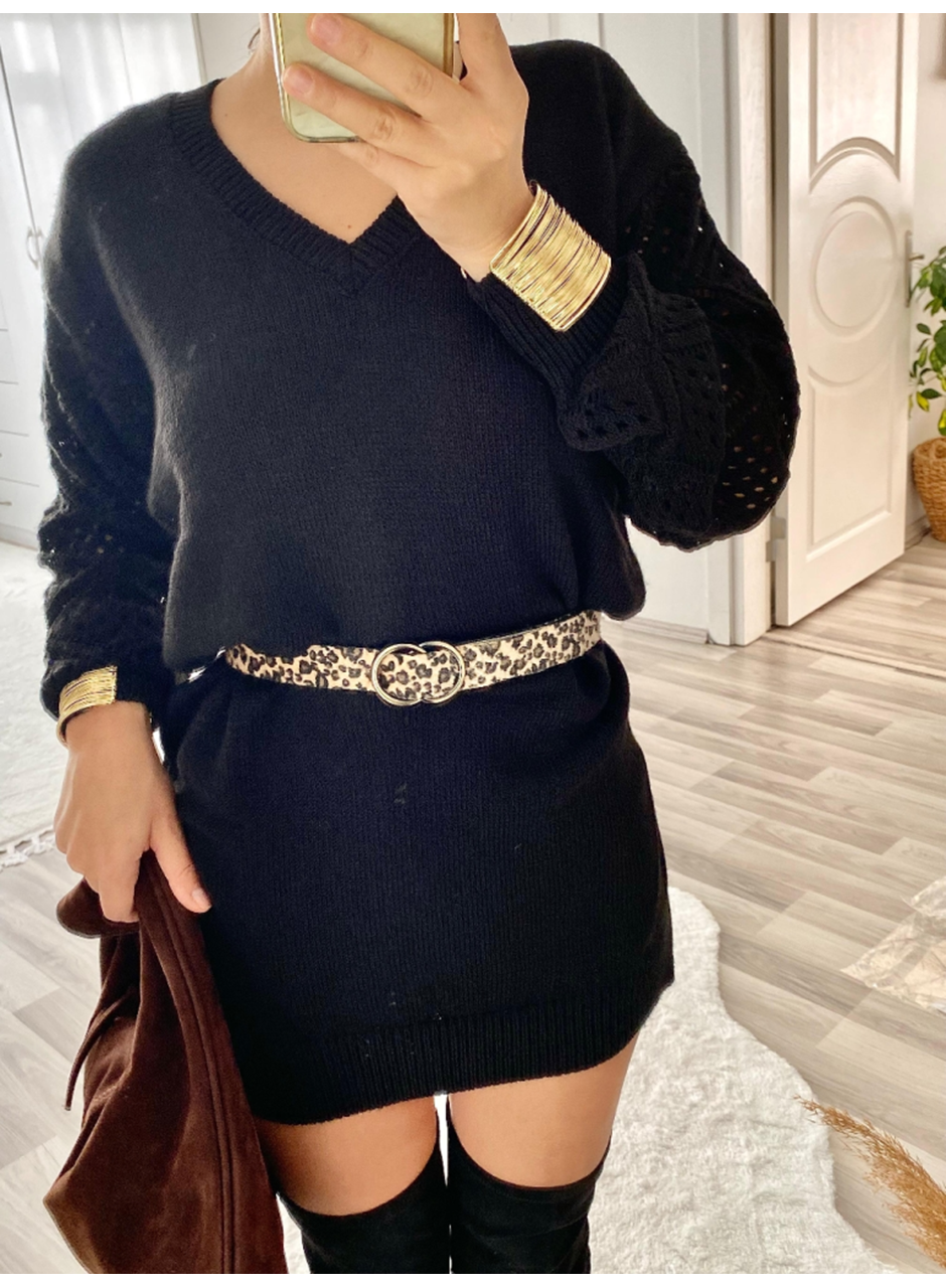 Kadın Uzun Kollu V Yakalı Mini Triko Elbise