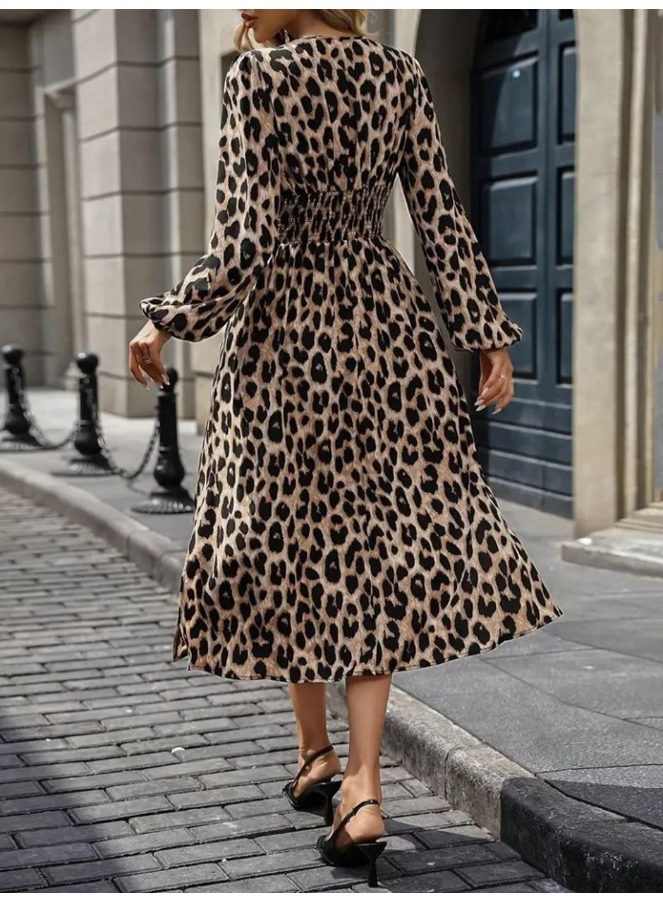 Kadın Uzun Kollu Kruvaze Yaka Belden Oturtmalı Midi Modal Leopar Desenli Elbise
