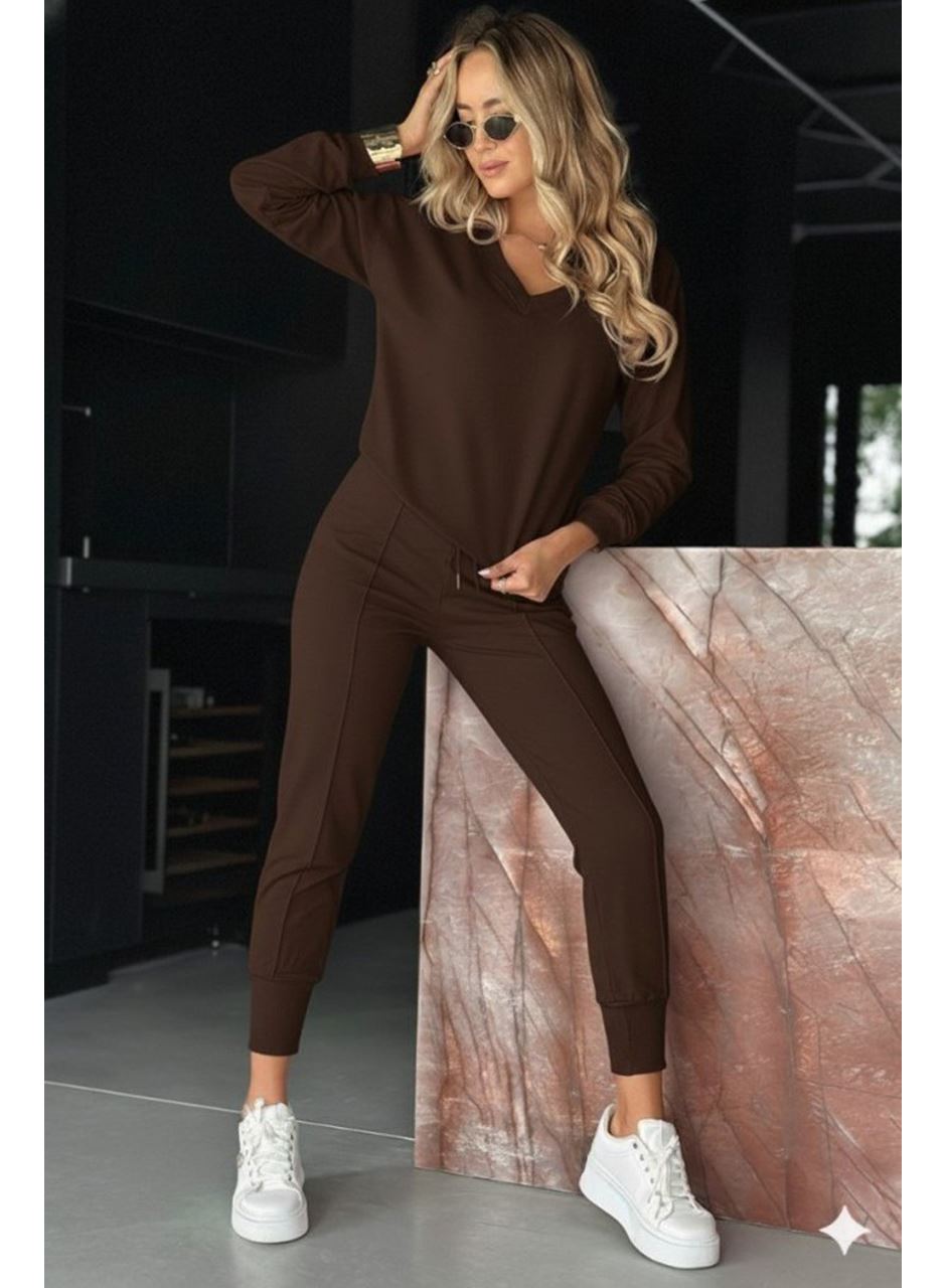 Kadın Uzun Kollu V Yakalı Viskon Iki Iplik Bluz Ve Pantolon Ikili Takım
