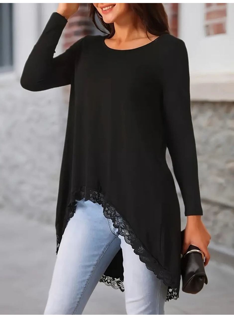 Kadın Uzun Kollu Bisiklet Yaka Asimetrik Kesim Detaylı Dantelli Viskon Bluz