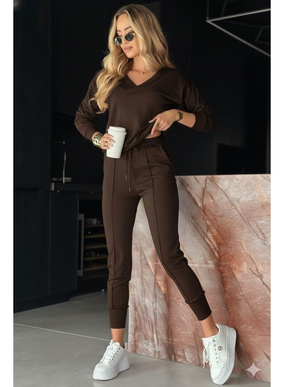 Kadın Uzun Kollu V Yakalı Viskon Iki Iplik Bluz Ve Pantolon Ikili Takım