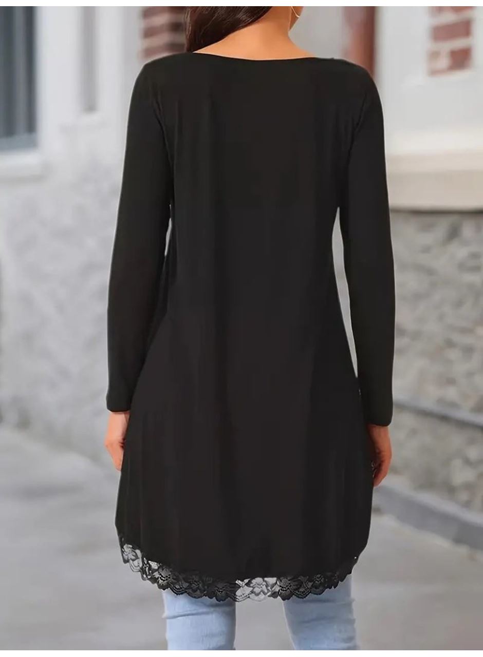 Kadın Uzun Kollu Bisiklet Yaka Asimetrik Kesim Detaylı Dantelli Viskon Bluz