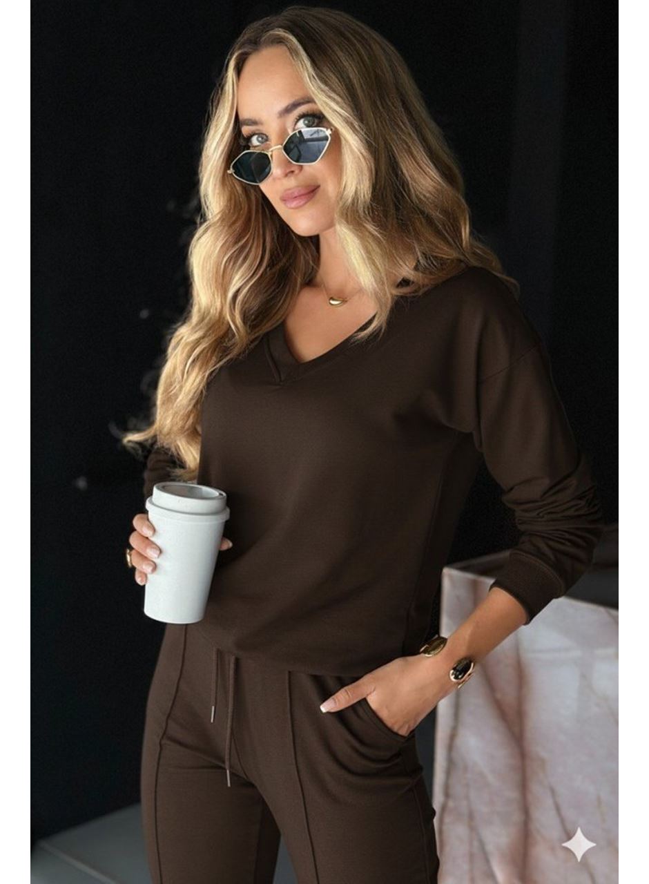 Kadın Uzun Kollu V Yakalı Viskon Iki Iplik Bluz Ve Pantolon Ikili Takım