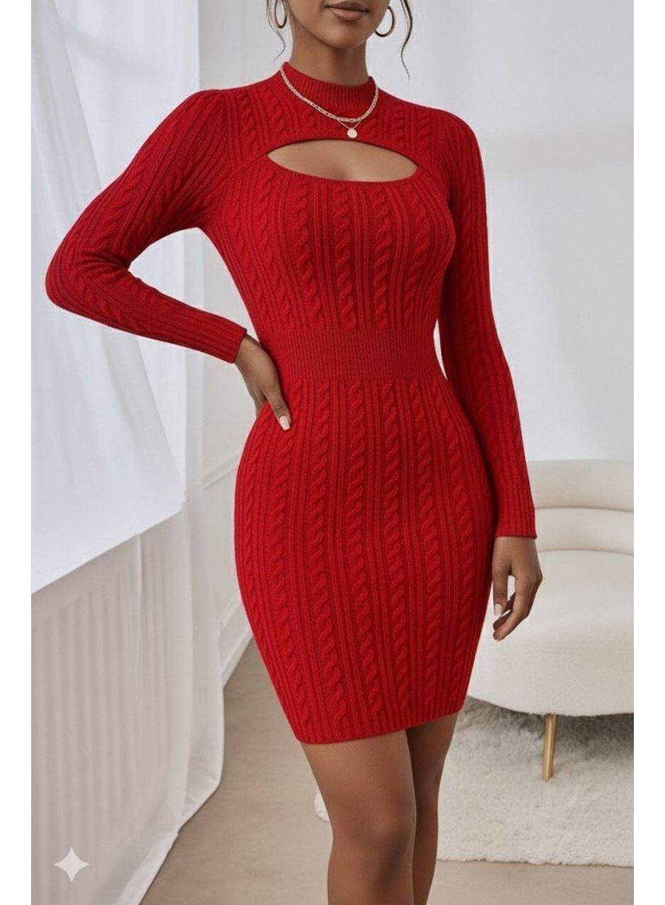 Kadın Uzun Kollu Yarı Balıkçı Yaka Pencere Göğüs Detay Mini Triko Elbise