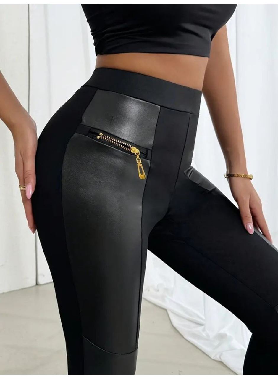 Kadın Yüksek Bel Yan şerit Deri Detay Fermuarlı Dalgıç Tayt