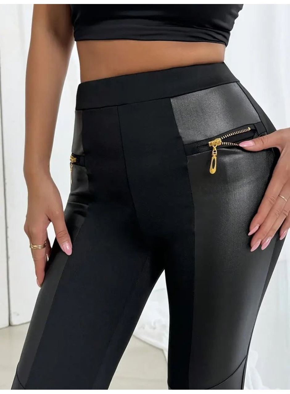 Kadın Yüksek Bel Yan şerit Deri Detay Fermuarlı Dalgıç Tayt