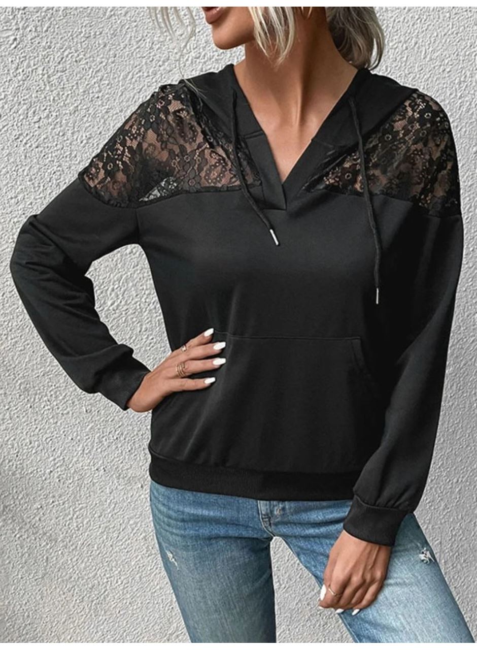 Kadın Uzun Kollu Kapşonlu Bağcıklı Dantelli Viskon Iki Iplik Bluz