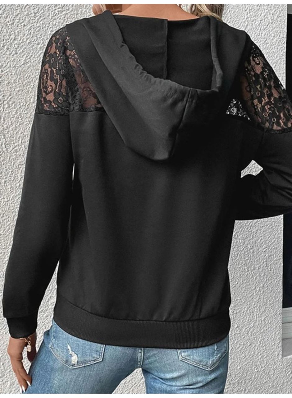 Kadın Uzun Kollu Kapşonlu Bağcıklı Dantelli Viskon Iki Iplik Bluz