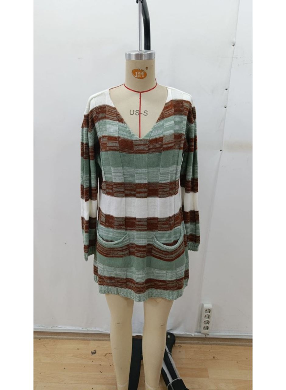 Kadın Uzun Kollu V Yakalı çizgili çok Renkli Triko Mini Elbise