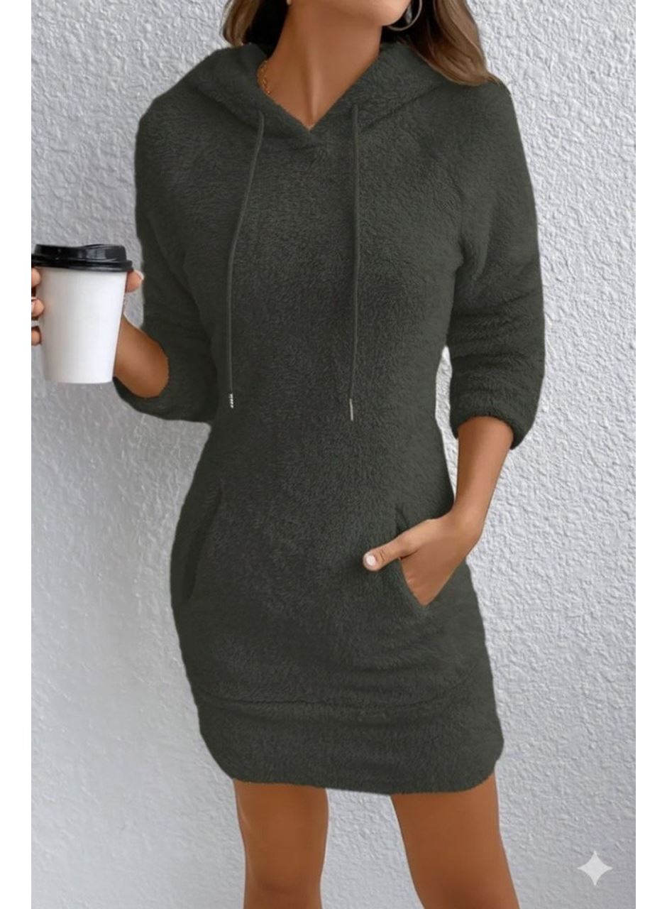 Kadın Uzun Kollu Kapşonlu Cepli Mini Peluş Elbise