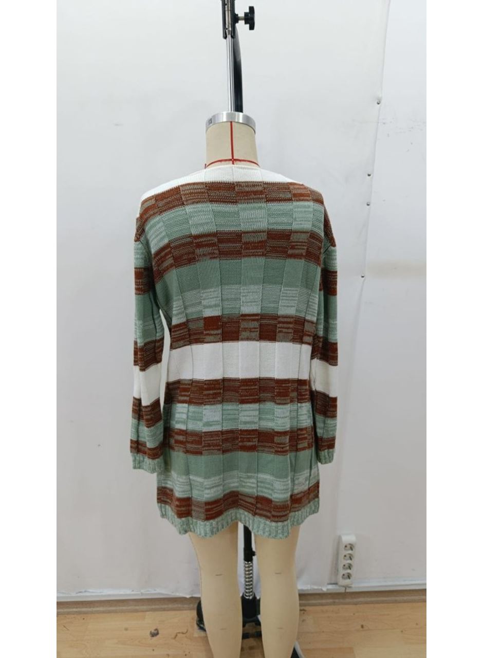 Kadın Uzun Kollu V Yakalı çizgili çok Renkli Triko Mini Elbise