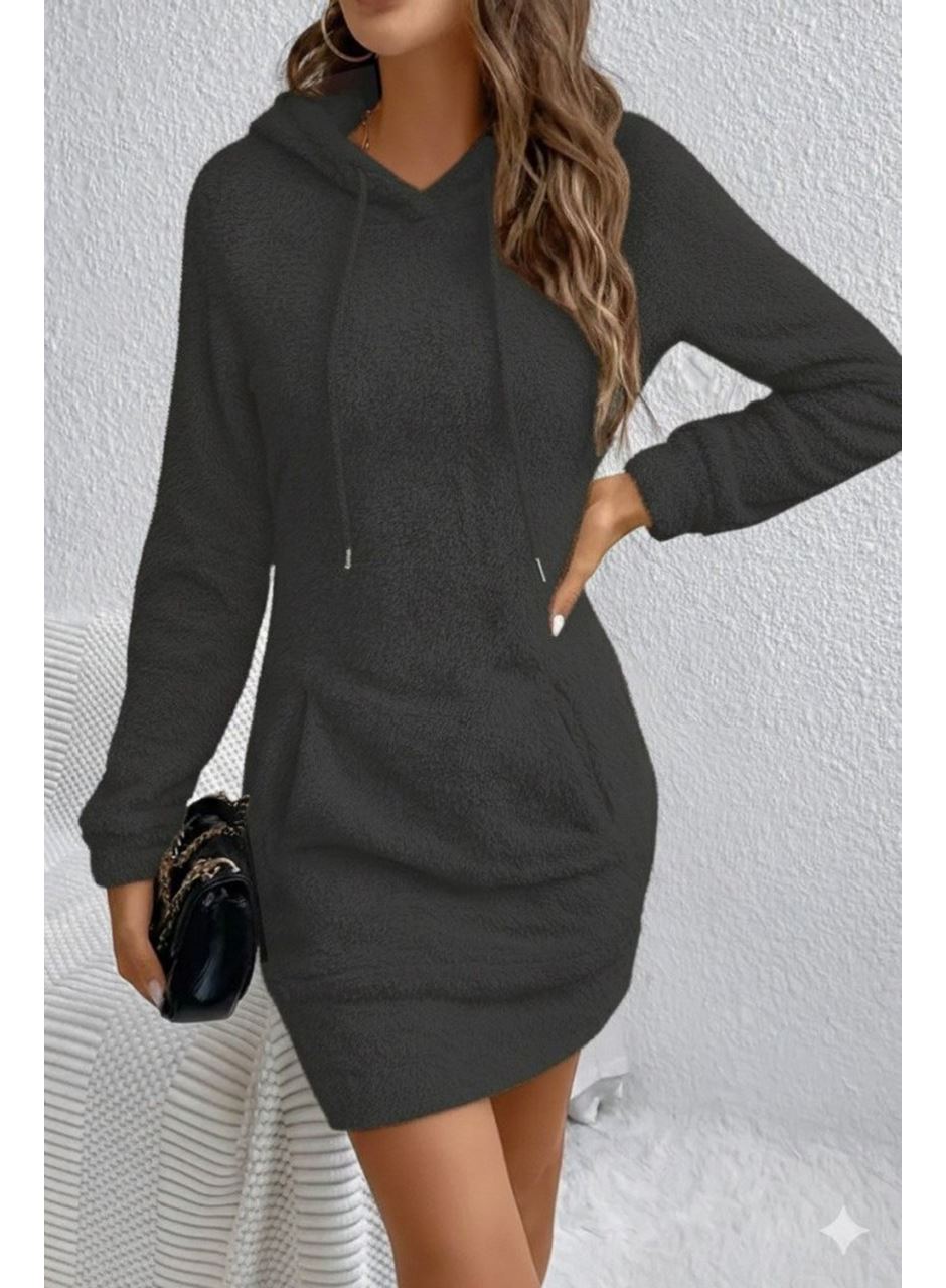 Kadın Uzun Kollu Kapşonlu Cepli Mini Peluş Elbise
