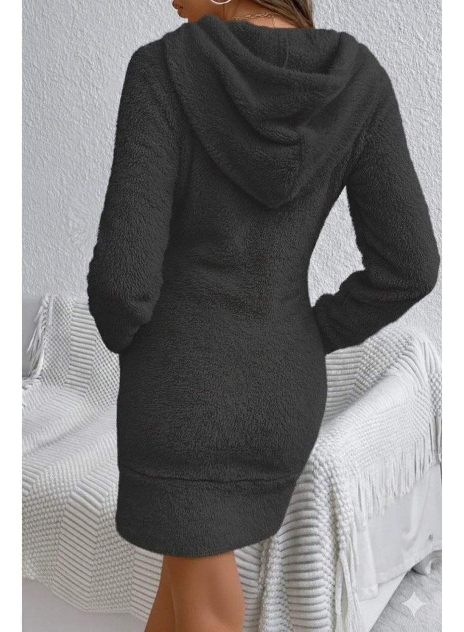 Kadın Uzun Kollu Kapşonlu Cepli Mini Peluş Elbise