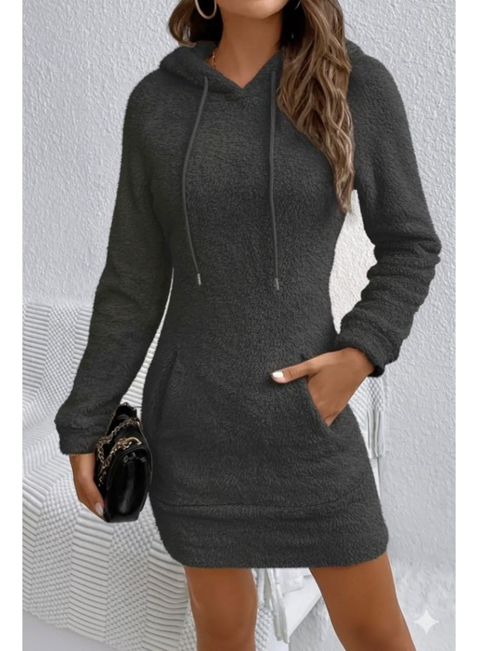 Kadın Uzun Kollu Kapşonlu Cepli Mini Peluş Elbise