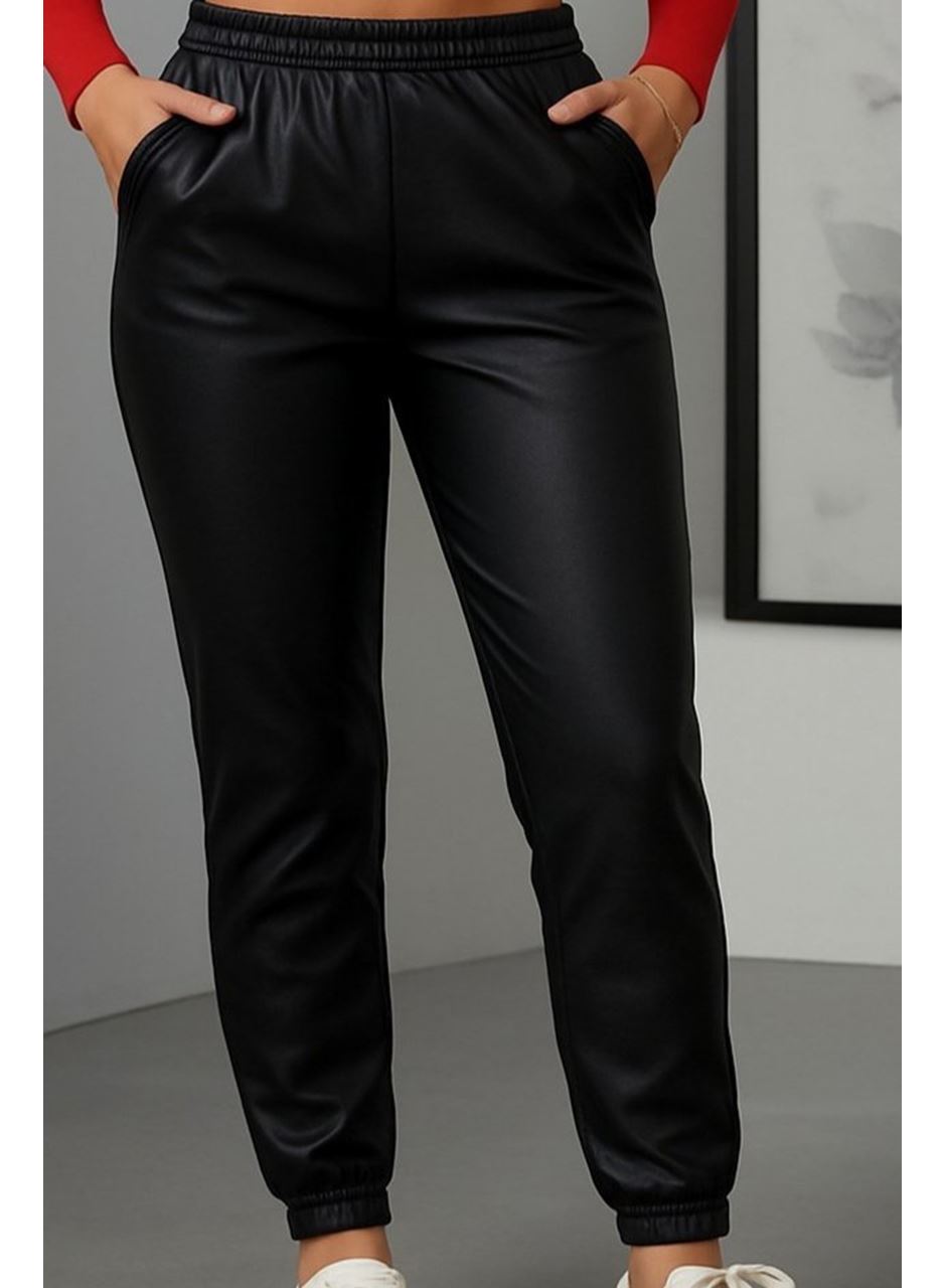 Kadın Paçası Lastikli Cep Detaylı Deri Tayt