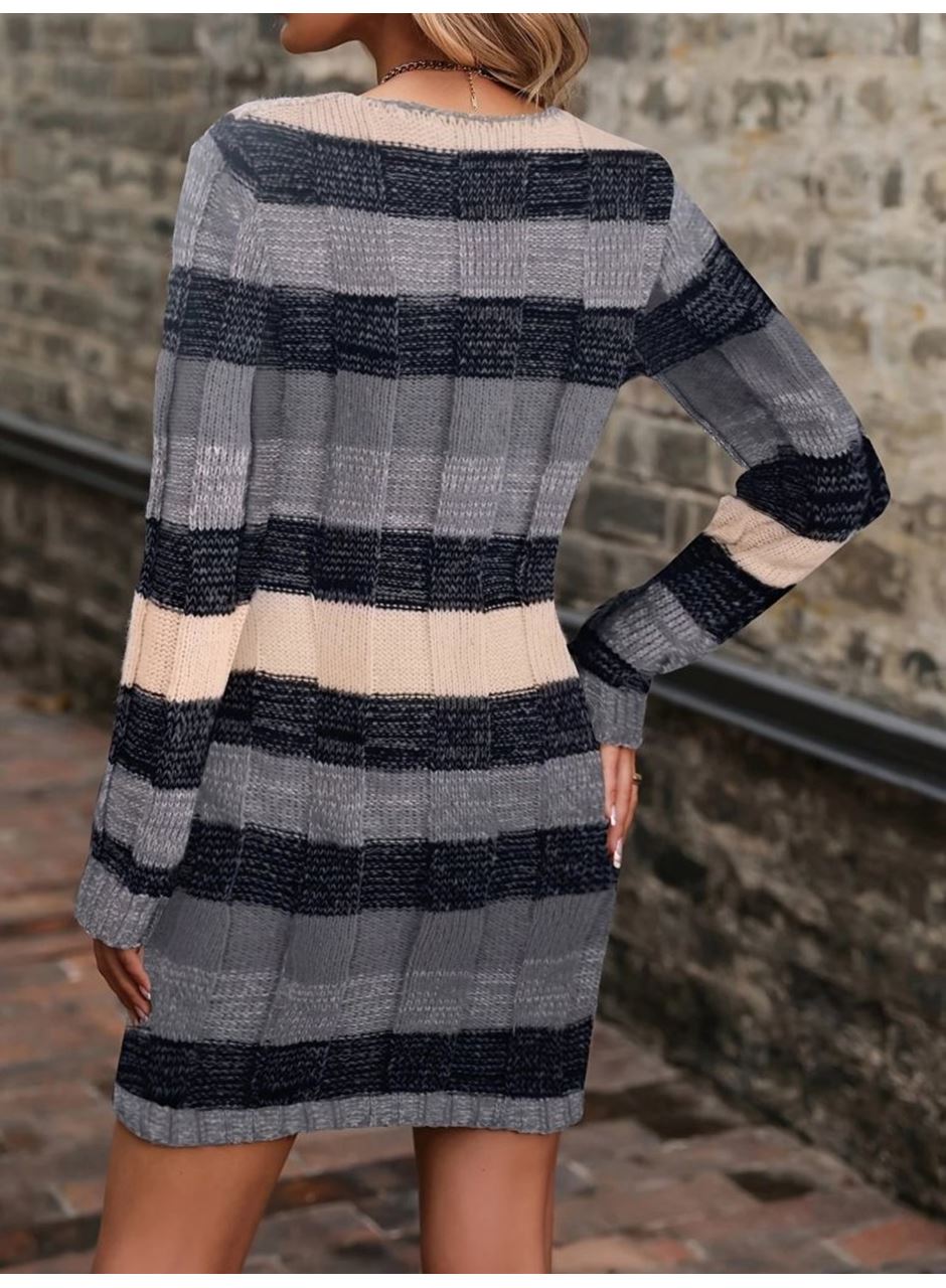 Kadın Uzun Kollu V Yakalı çizgili çok Renkli Triko Mini Elbise